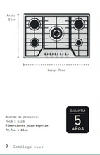 Cargar imagen en el visor de la galería, PARRILLA DE GAS DE ACERO INOXIDABLE CON 5 QUEMADORES (1 TRIPLE / 2 RÁPIDOS / 1 SEMI RÁPIDO / 1 AUXILIAR) / ENCENDIDO POR IGNICIÓN / INCLUYE ESPREAS PARA GAS NATURAL Y DISPOSITIVO DE SEGURIDAD
