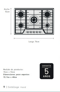 PARRILLA DE GAS DE ACERO INOXIDABLE CON 5 QUEMADORES (1 TRIPLE / 2 RÁPIDOS / 1 SEMI RÁPIDO / 1 AUXILIAR) / ENCENDIDO POR IGNICIÓN / INCLUYE ESPREAS PARA GAS NATURAL Y DISPOSITIVO DE SEGURIDAD