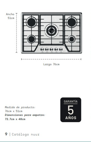 PARRILLA DE GAS DE ACERO INOXIDABLE CON 5 QUEMADORES (1 TRIPLE / 2 RÁPIDOS / 1 SEMI RÁPIDO / 1 AUXILIAR) / ENCENDIDO POR IGNICIÓN / INCLUYE ESPREAS PARA GAS NATURAL Y DISPOSITIVO DE SEGURIDAD