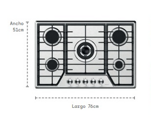 PARRILLA DE GAS DE ACERO INOXIDABLE CON 5 QUEMADORES (1 TRIPLE / 2 RÁPIDOS / 1 SEMI RÁPIDO / 1 AUXILIAR) / ENCENDIDO POR IGNICIÓN / INCLUYE ESPREAS PARA GAS NATURAL Y DISPOSITIVO DE SEGURIDAD
